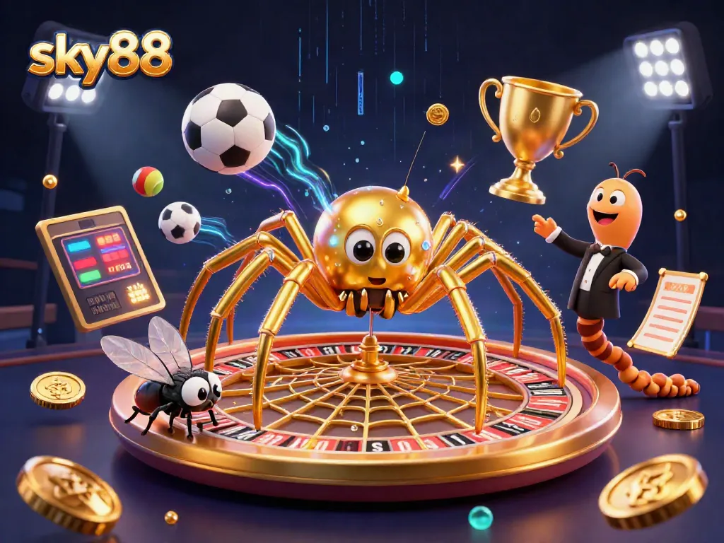 Engage in thrilling betting action with sky88's dynamic cartoon scene of a spider and centipede as casino croupiers.