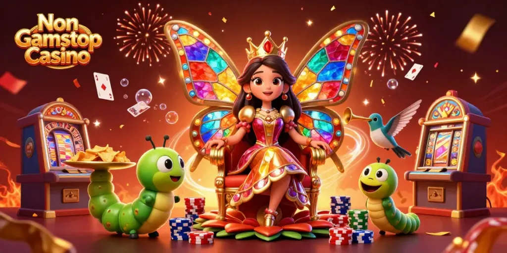 Experience the vibrant world of Non Gamstop Casino through a dazzling 3D illustration featuring dynamic characters and casino elements.