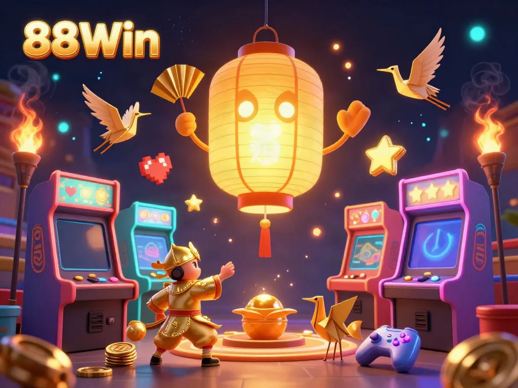 Engage in thrilling gameplay at 88Win with a vibrant night market casino scene featuring golden lanterns and colorful arcade machines.