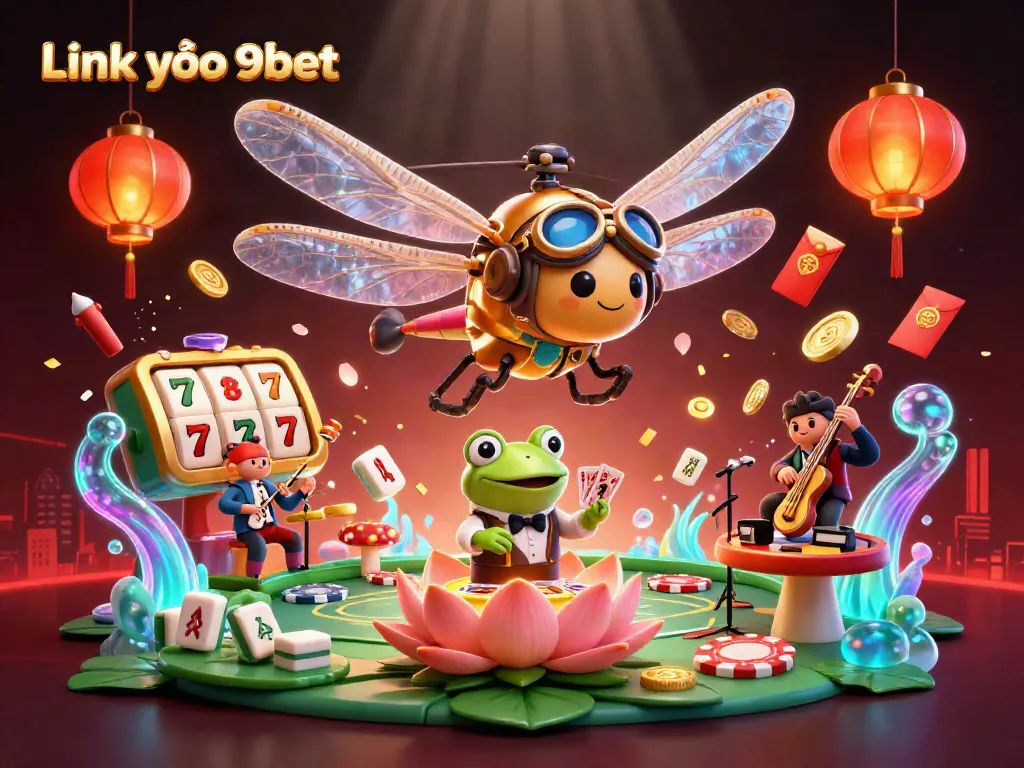 Engage in the world of gambling with Link vào 9bet, featuring dynamic casino elements in a vibrant 3D illustration.