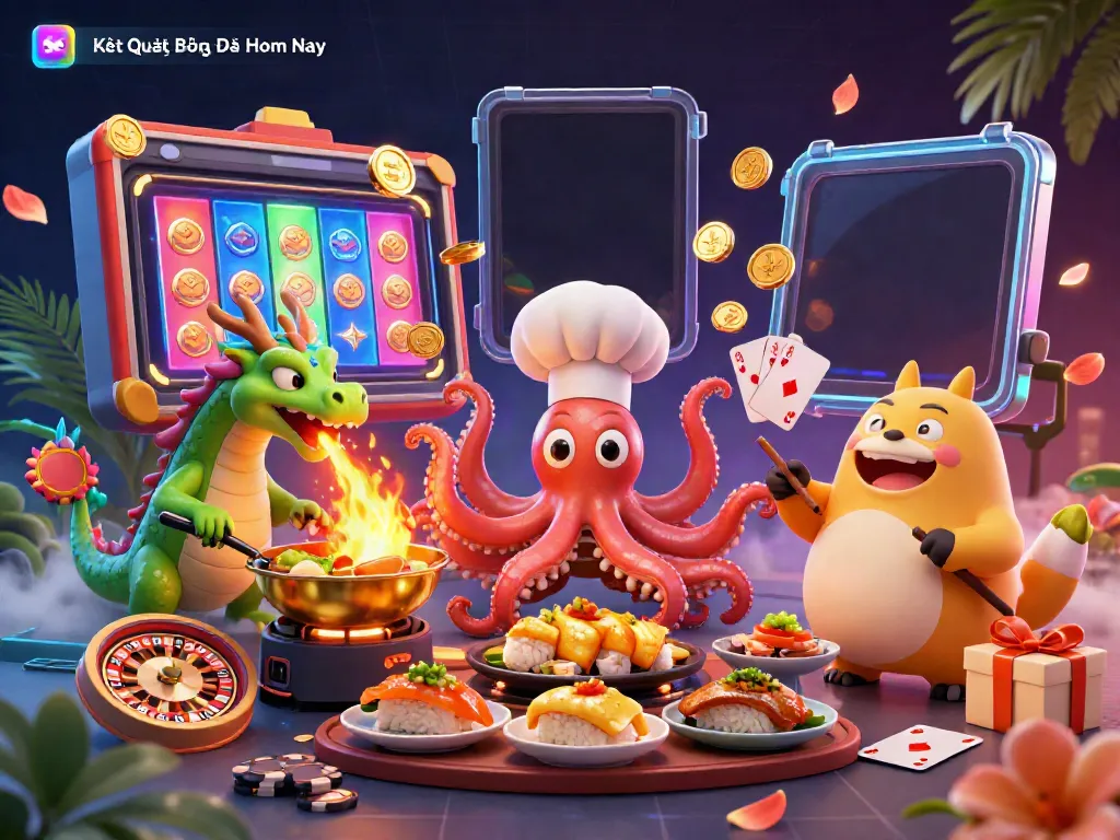 Kết Quả Bóng Đá Hôm Nay showcases an energetic scene of a cartoon octopus chef, dragon, and tanuki, amidst lively casino elements.