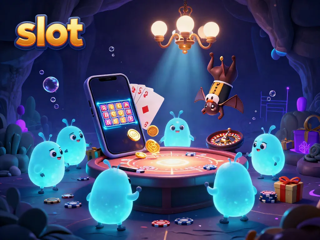 Experience thrilling slot action with colorful gaming elements bursting from a smartphone in a whimsical cave casino.