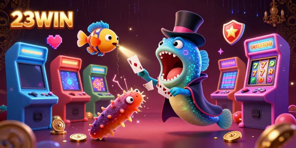 The entertaining magic act at 23WIN casino features vibrant characters and slots in a colorful 3D illustration.