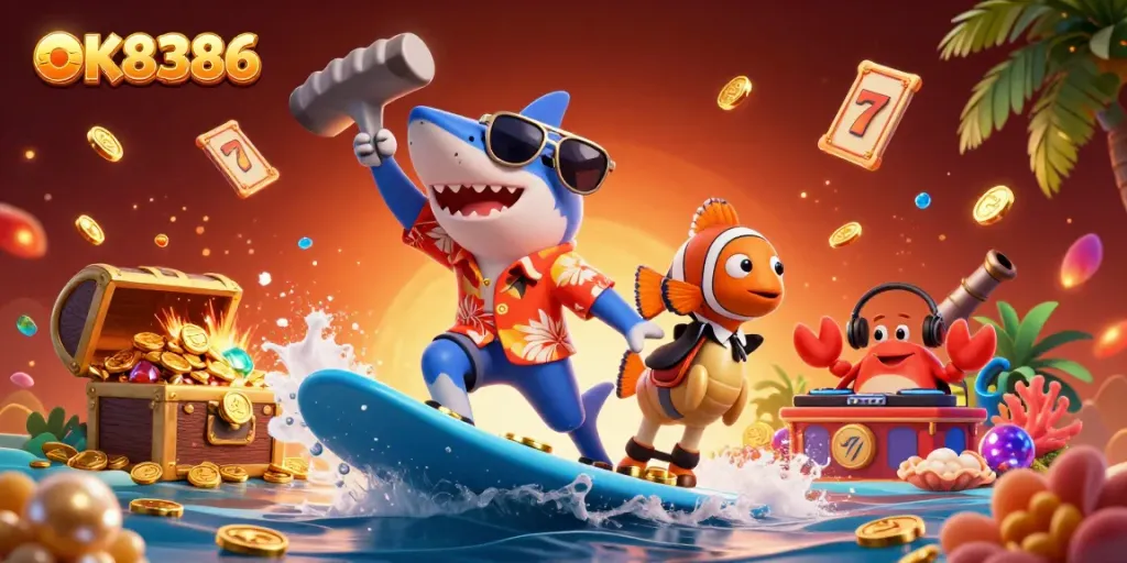 Experience exciting games at OK8386 with a playful shark surfing on coins surrounded by vibrant casino elements.