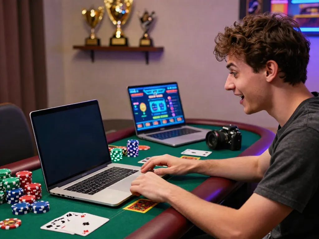 Excited player engaging with online credit card casinos on a laptop in a cozy gaming setup.