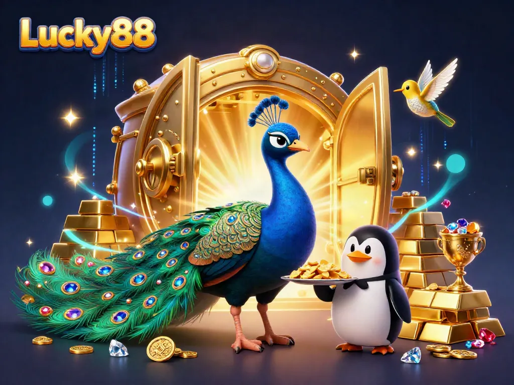 Experience the vibrant world of Lucky88 with stunning 3D graphics featuring a peacock, penguin, and hummingbird amidst golden treasures.
