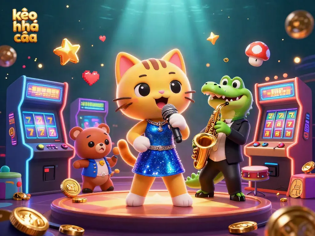 Place bets and analyze kèo nhà cái with vibrant 3D cartoon characters in a lively casino scene.