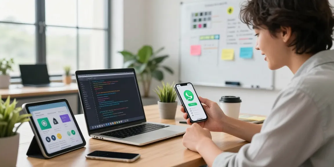 Excited professional showcasing WhatsApp下載 on a smartphone in a modern workspace.