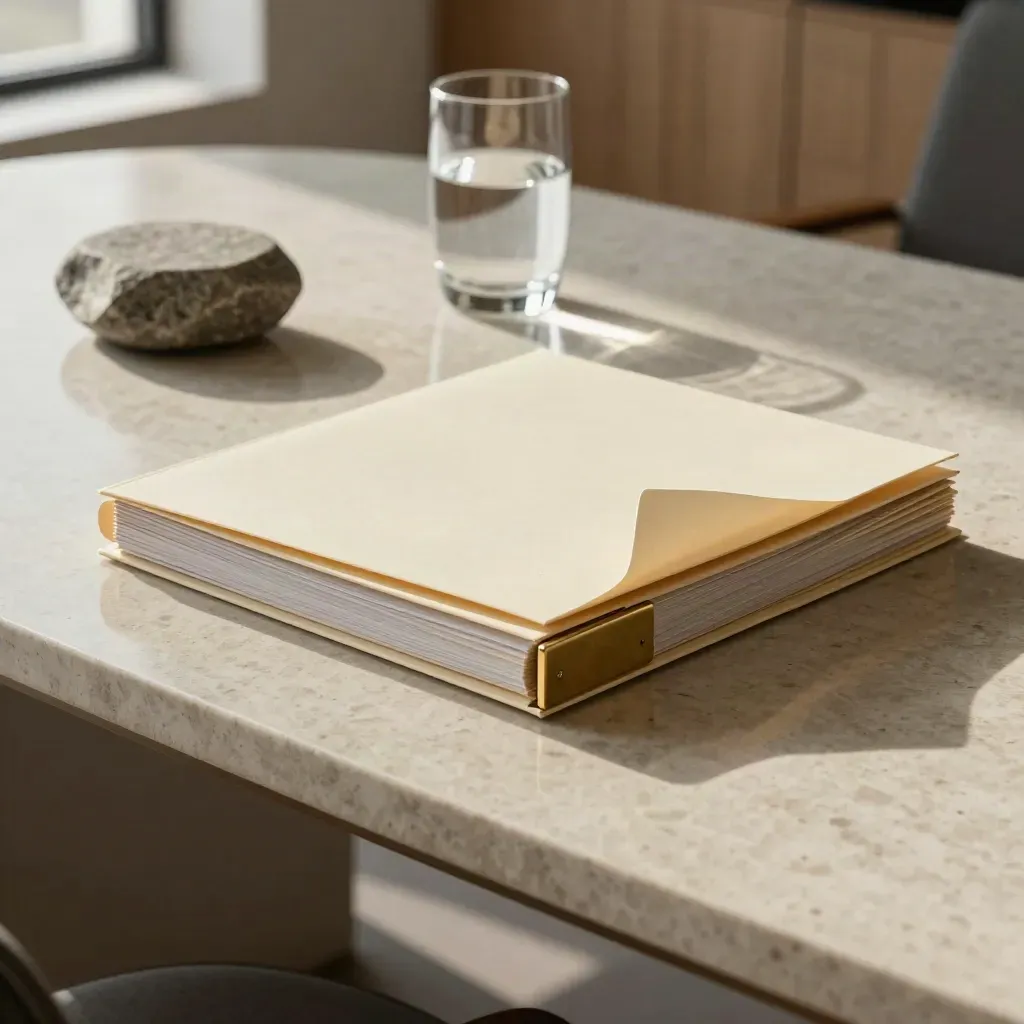 Cream legal folders and stone weight on a travertine meeting table in late afternoon light.