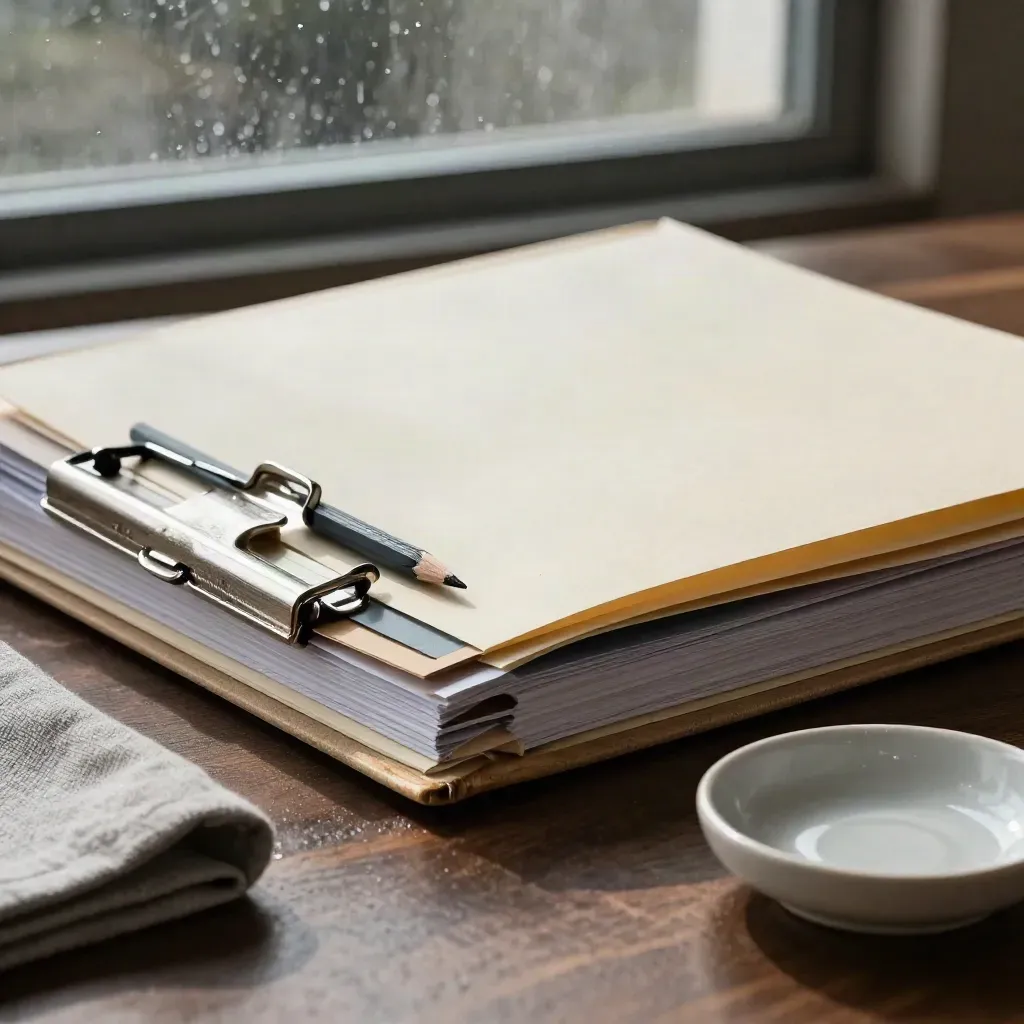 Close-up of a compliance file bundle with tabs, pencil, linen cloth and ceramic dish by a rainy boardroom window.