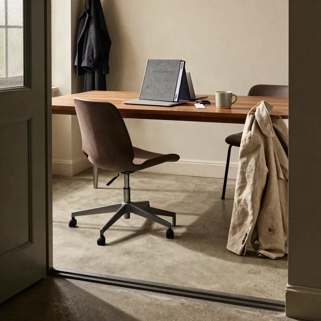 Low-angle studio scene with handbook binder, closed laptop, lanyard and mug after a chair shift in storm light