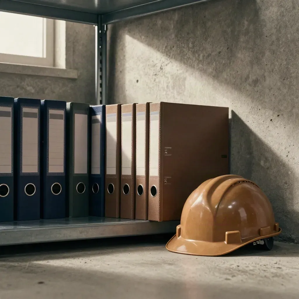 Low-angle warehouse shelf with audit binders, hard hat and compliance folder in dramatic light.
