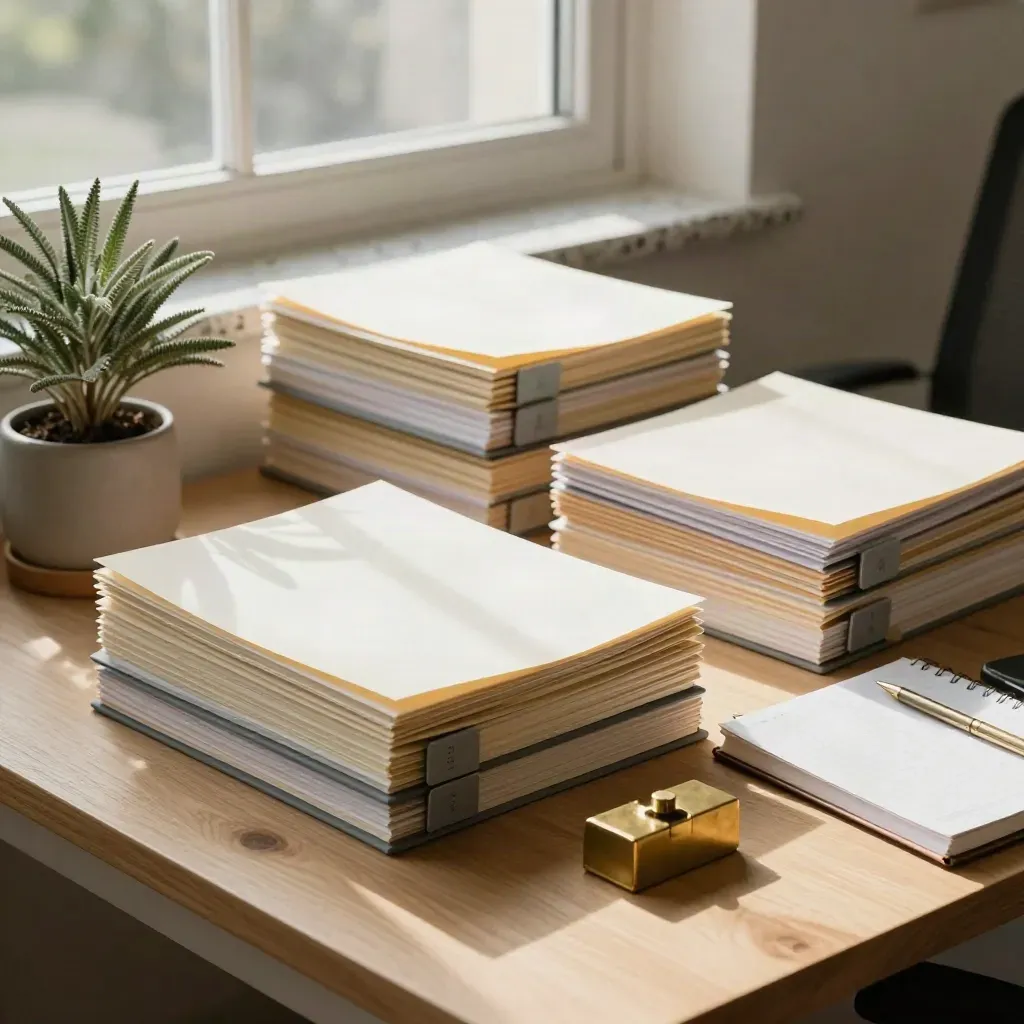 Three file stacks, brass paperweight, notebook and plant on a pale wood desk in warm office light.