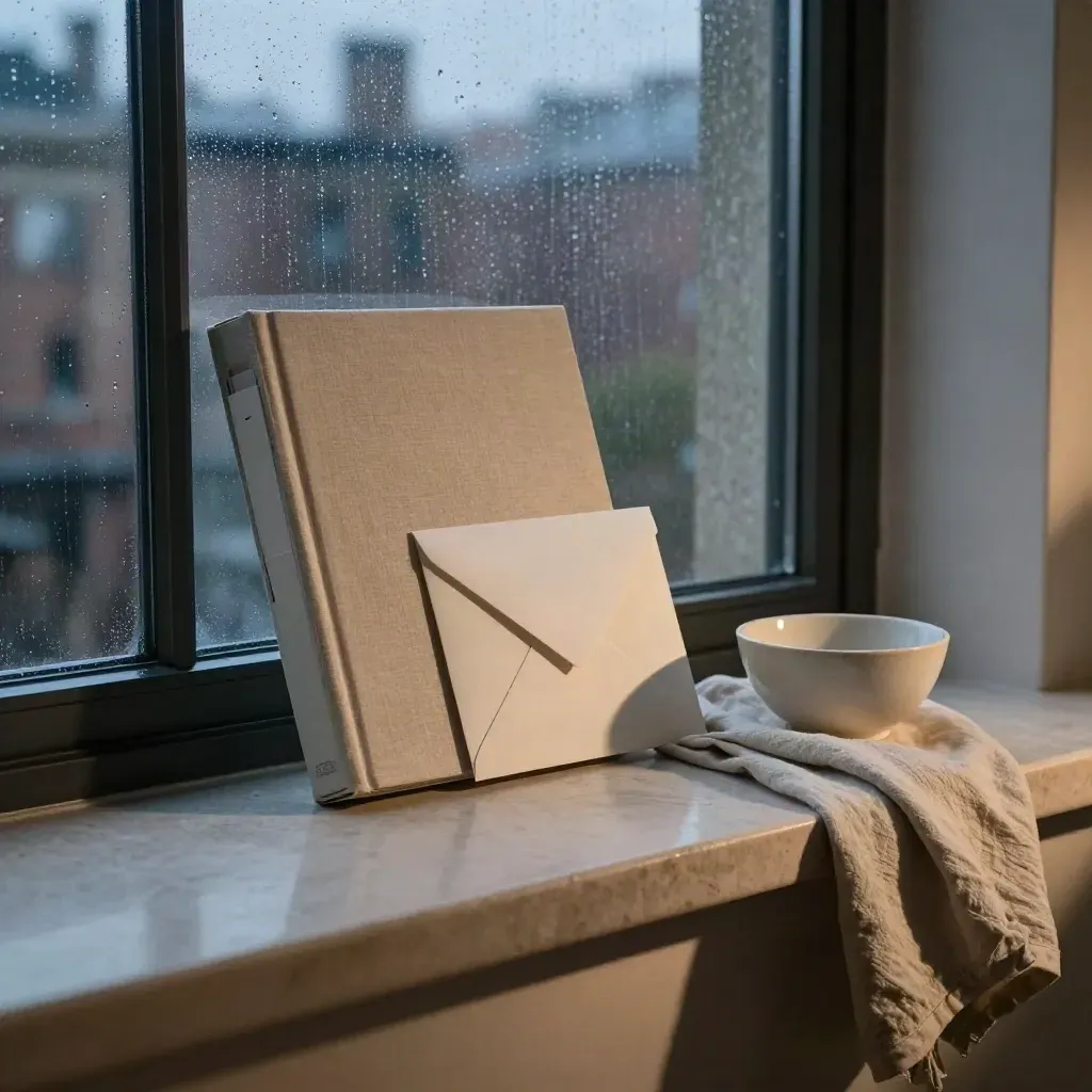 Rain-misted window sill with binder, stamped envelope, bowl and cloth at blue hour.