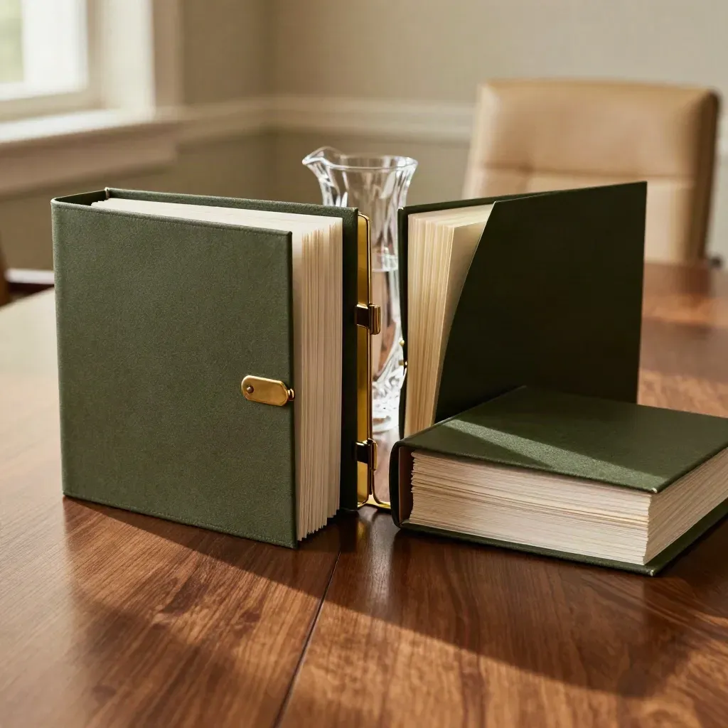 Twin legal binders parted by a brass divider on a walnut boardroom table.