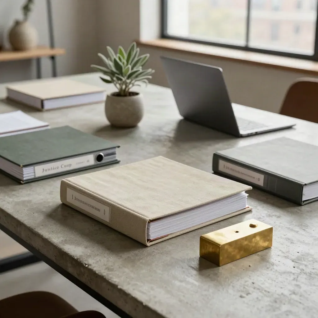 Morning loft scene of legal binders, closed laptop, plant and brass paperweight on concrete.