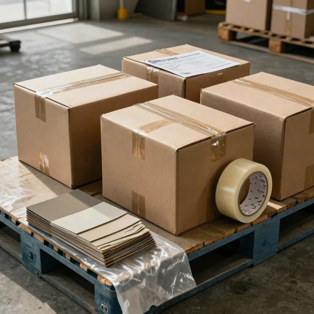 Kraft cartons, tape and swatches on a receiving bay floor in cool warehouse light.