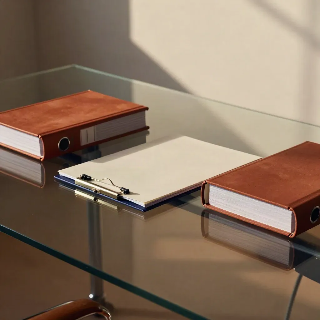 Glass boardroom table with two binders, mediation folder and brass clip in late-afternoon light.