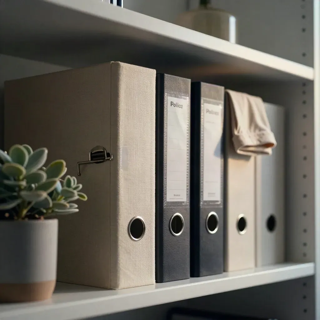 Macro of binders, folded tee and small plant on an office shelf in moody evening light
