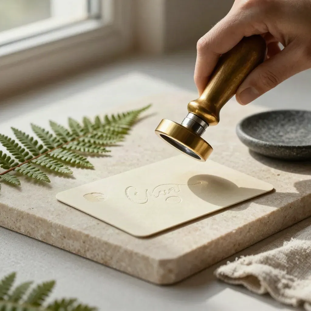 Brass company seal embosser above a cream card on stone with linen and fern