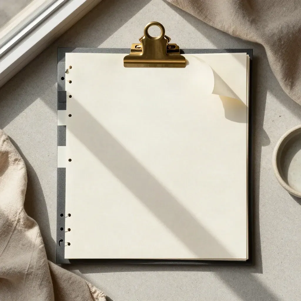 Overhead legal review bundle with slate tabs, brass marker, folded cloth and stone dish.