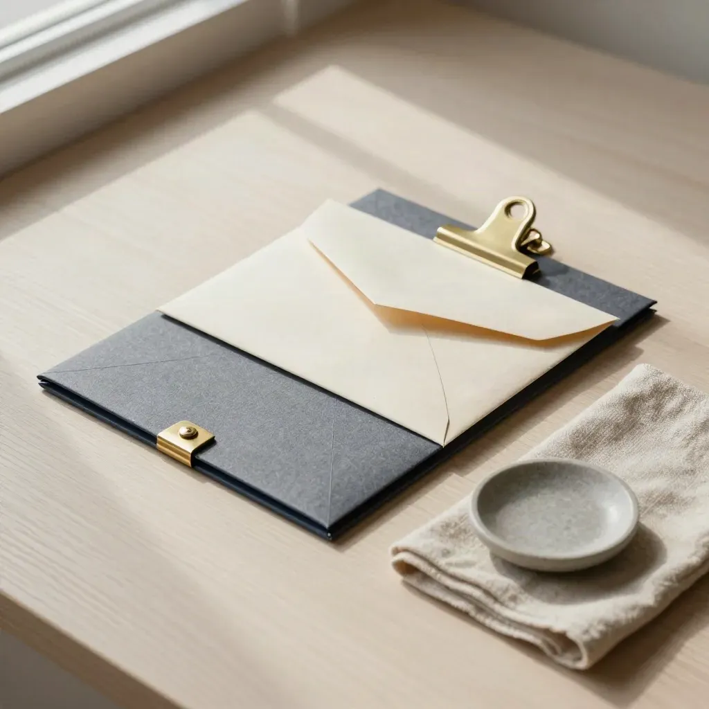 Legal dispute mail pack with cracked-seal envelope, folder, brass clip, cloth and stone dish on pale wood.