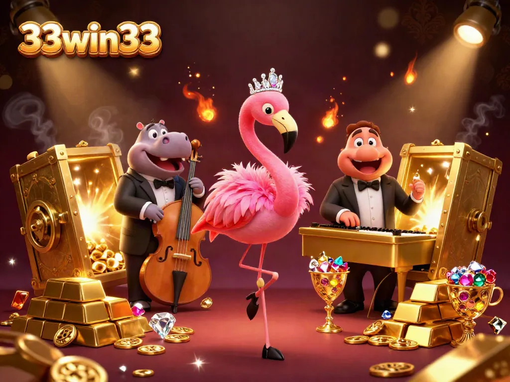 Experience the excitement of 33win33 casino with vibrant characters and abundant treasures in a lively digital illustration.