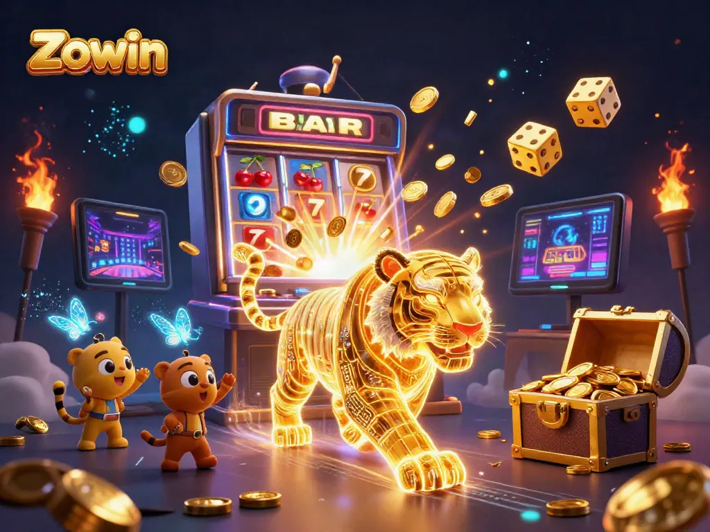 Experience Zowin's vibrant casino scene with a neon tiger, dazzling slot machines, and golden treasures.