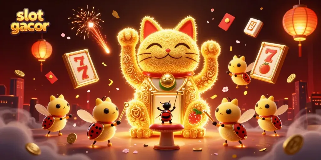 Engage with slot gacor through a vibrant 3D illustration of a lucky cat amidst shimmering casino elements.