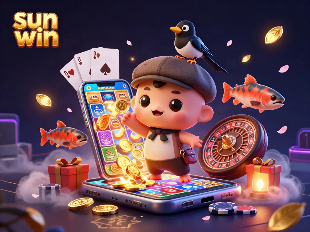 Spin to win with sun win featuring adorable characters in an exciting casino scene.