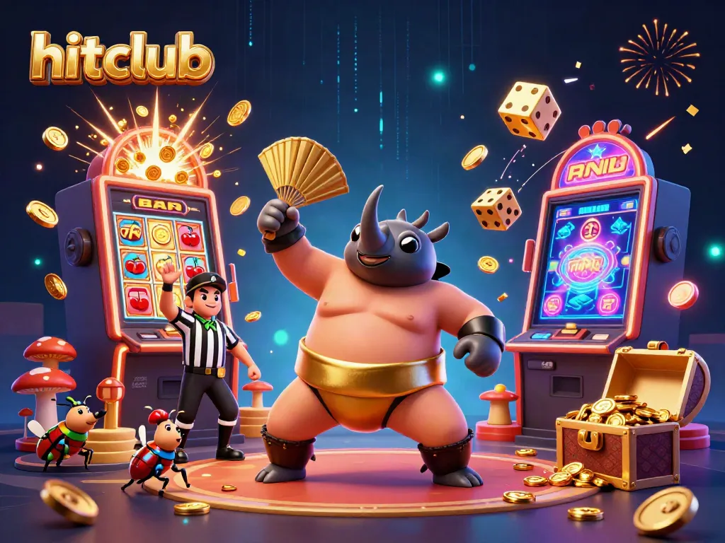 Experience thrilling gameplay at hitclub with a dynamic scene featuring a sumo beetle, dazzling slot machine, and exciting casino action.