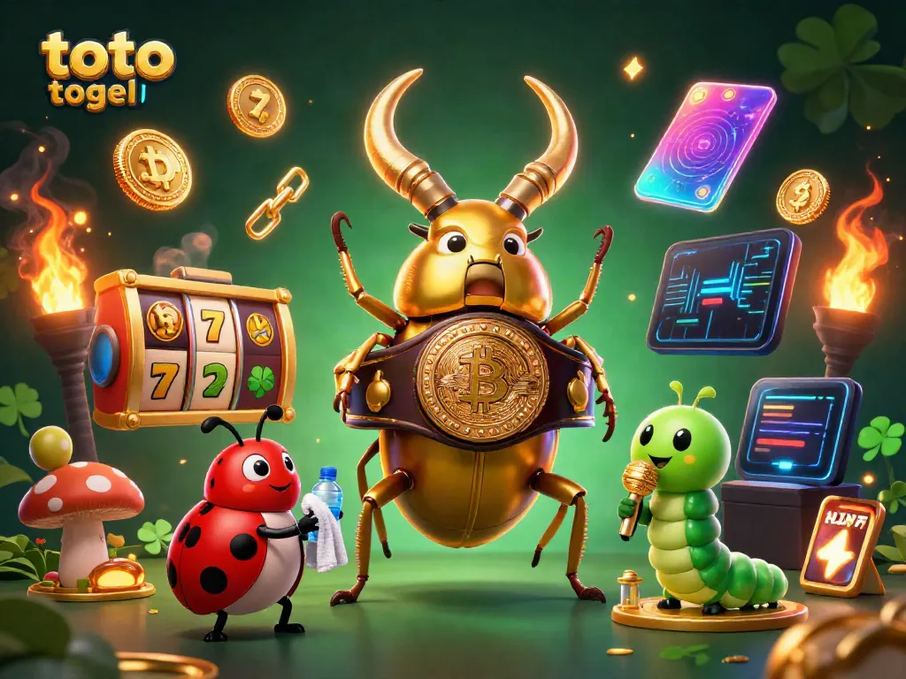 Engage in thrilling toto togel action with a vibrant scene featuring golden champions and slot reels.