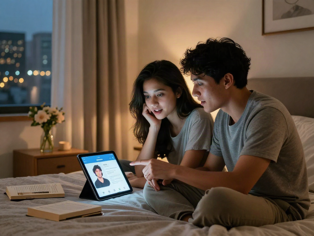 Couple exploring AI sex application on tablet in cozy bedroom.