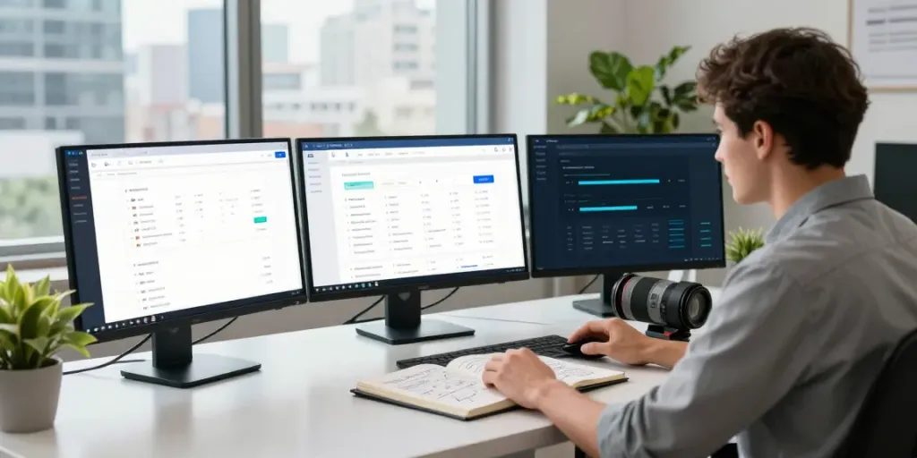 SEO specialist analyzing instant indexing data in a modern workspace with monitors and city view.
