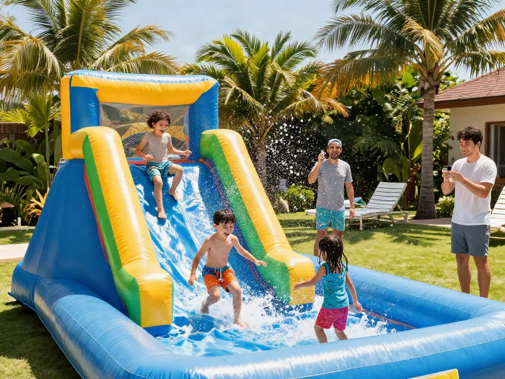 Kids enjoying a water slide in a bright backyard on a summer day.