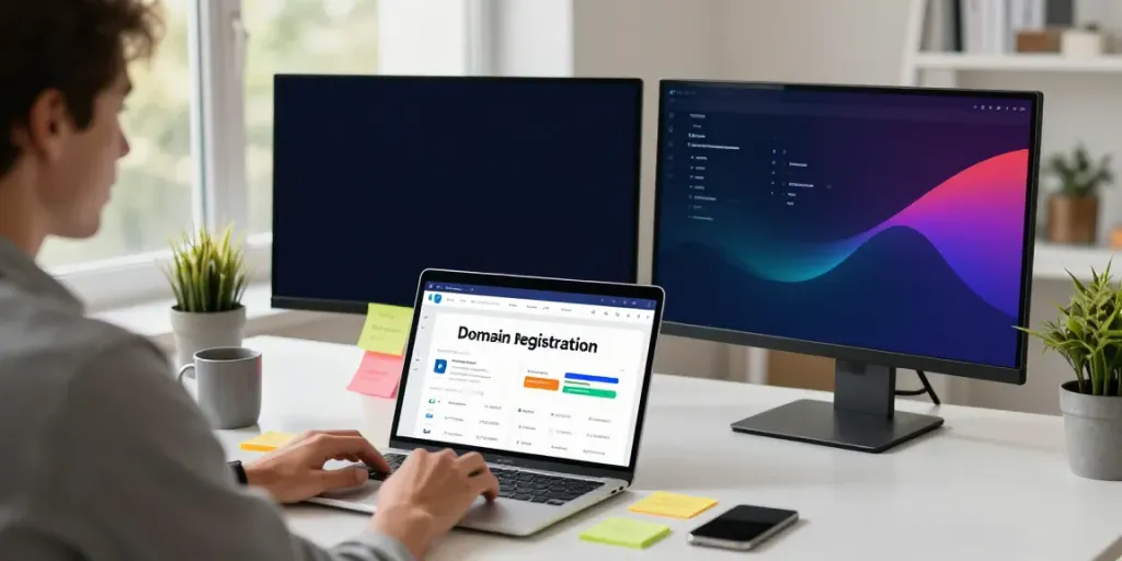 Engaged user searching to buy domain without hosting in a modern workspace.