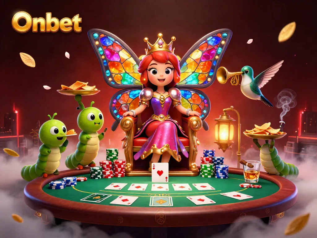 Experience thrilling poker action with Onbet's animated casino scene featuring a butterfly queen and vibrant elements.