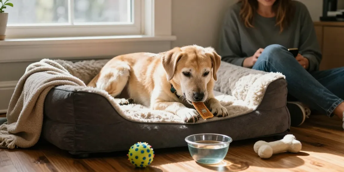 Senior dog enjoying cbd dog treats canada in a cozy home setting