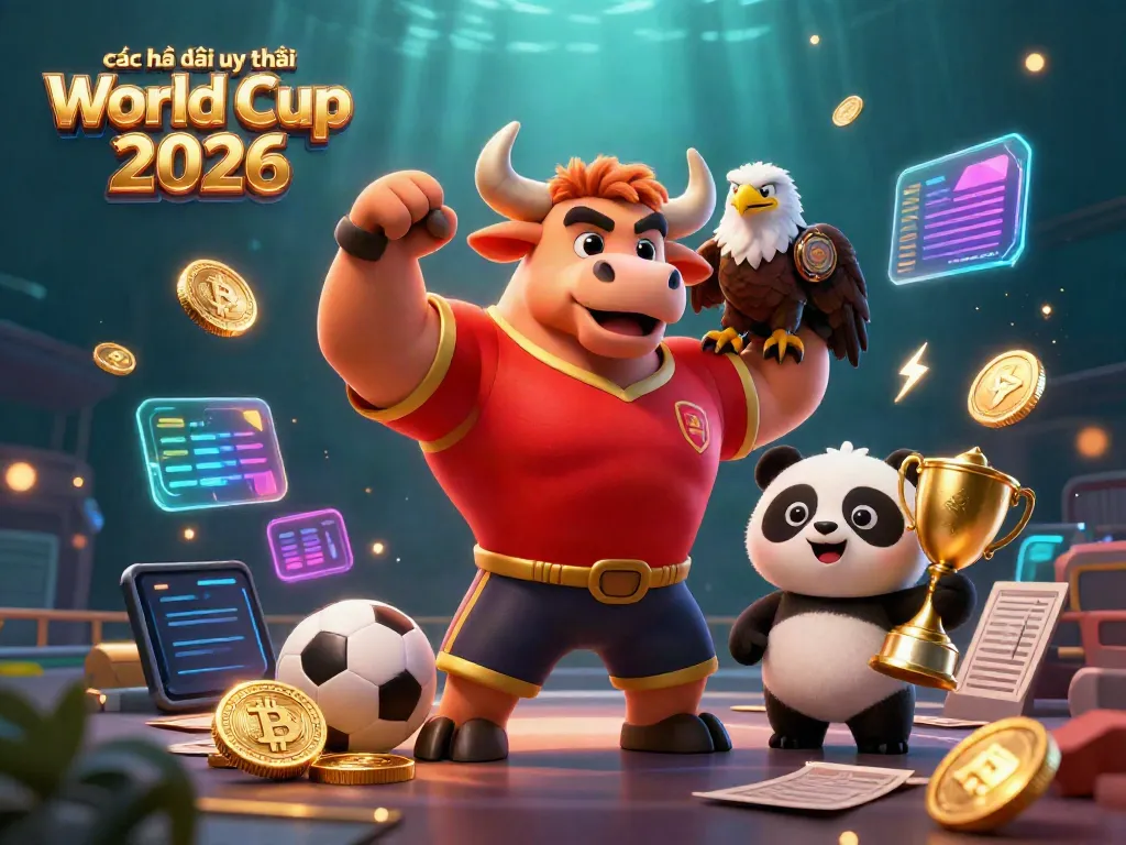 Experience the excitement with các nhà cái uy tín World Cup 2026 featuring a cartoon bull, eagle, and panda in a vibrant sports scene.