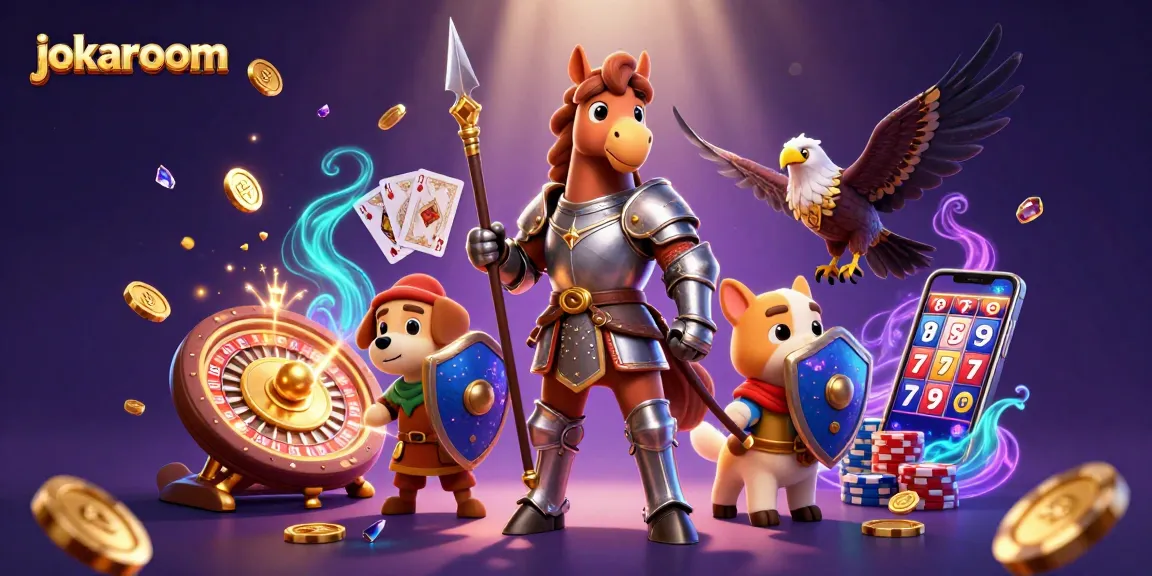 Experience the excitement at jokaroom with a cartoon knight, squire, and falcon amid a vibrant casino scene.