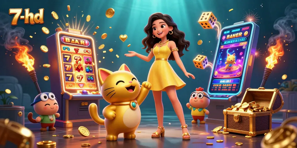 Spin and win with the lucky cat at 7-hd, surrounded by vibrant casino elements!