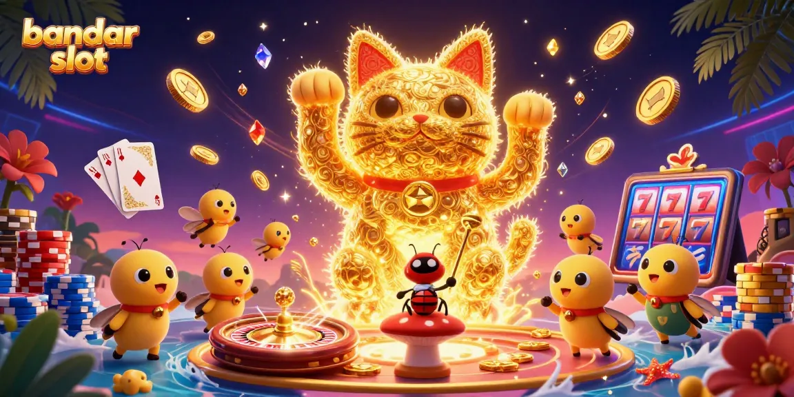 Engaging illustration of a lively scene with "bandar slot," featuring a lucky cat of fireflies, casino symbols, and dynamic gaming elements.
