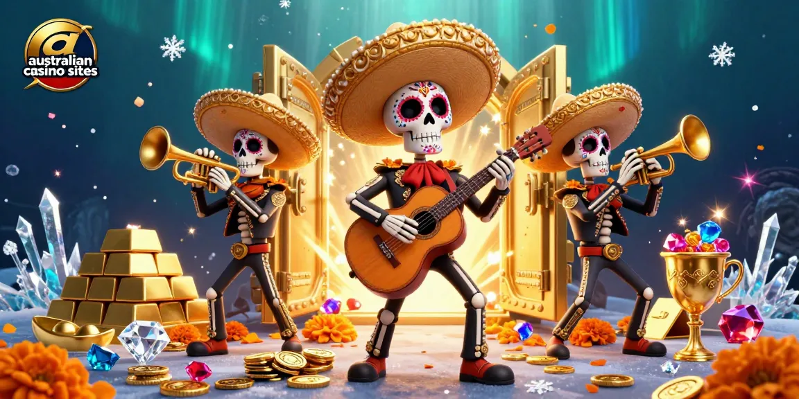 Experience the vibrant world of australian casino sites, featuring colorful mariachi skeletons with gold treasures.