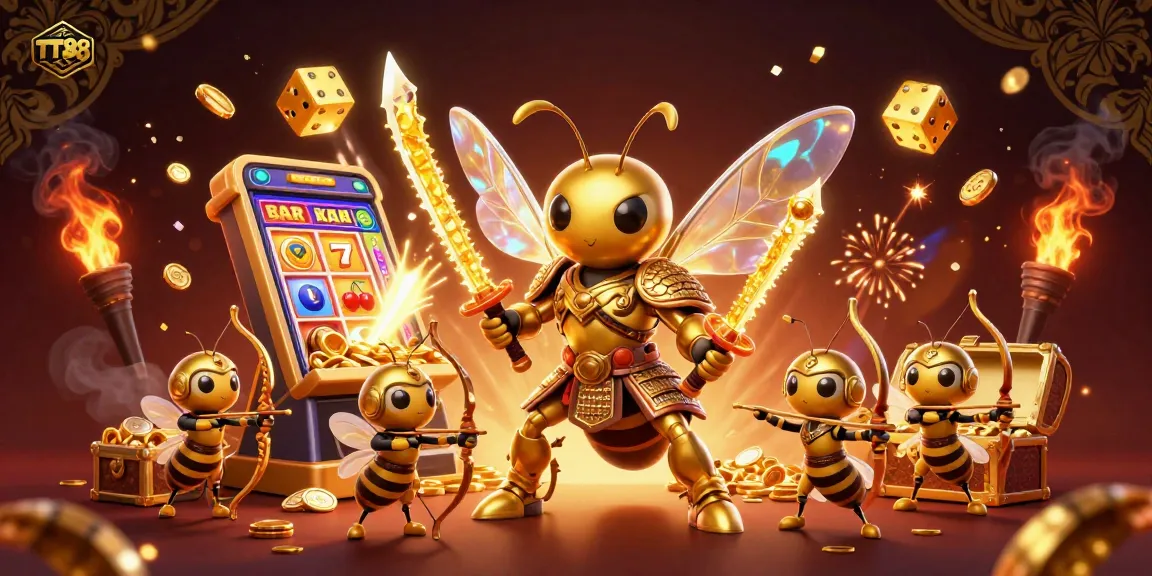 Engage with TT88's vibrant casino experience through a captivating illustration of a golden hornet samurai amid dynamic gaming elements.