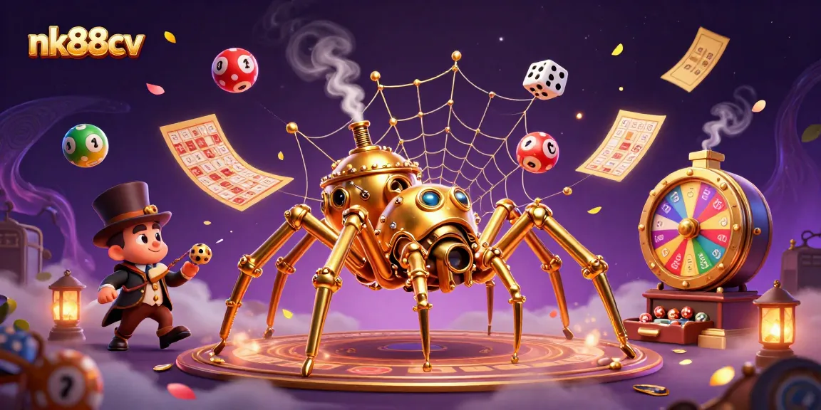 Experience the thrill of nk88cv with a steampunk spider, dazzling games, and excitement in a lively casino scene.
