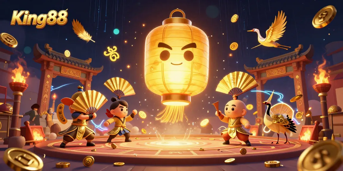 Experience the vibrant world of King88 with golden lantern spirits and lucky symbols in a lively casino scene.