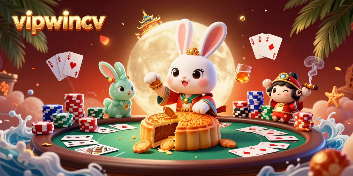 Experience a vibrant gambling scene with vipwincv featuring a moon rabbit surrounded by colorful poker elements.