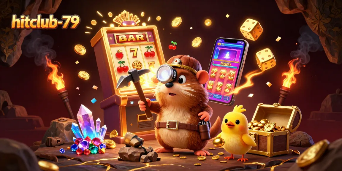 Engage with hitclub-79 as a treasure hunter mole and canary discover jackpots amidst a vibrant casino landscape.